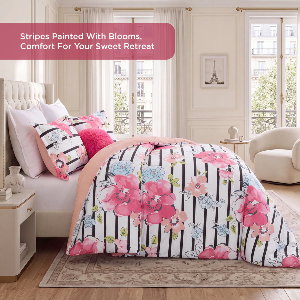 Rosalie Stripe Floral Bedding Comforter Set with Decorative Pillow