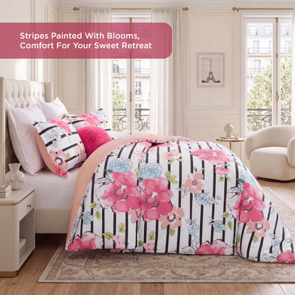 Rosalie Stripe Floral Bedding Comforter Set with Decorative Pillow
