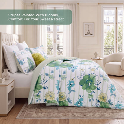 Rosalie Stripe Floral Bedding Comforter Set with Decorative Pillow