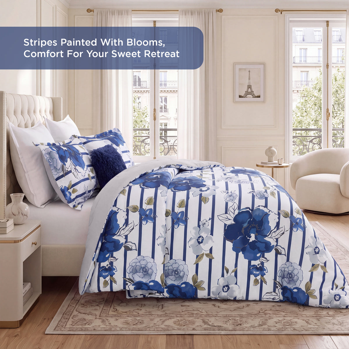 Rosalie Stripe Floral Bedding Comforter Set with Decorative Pillow