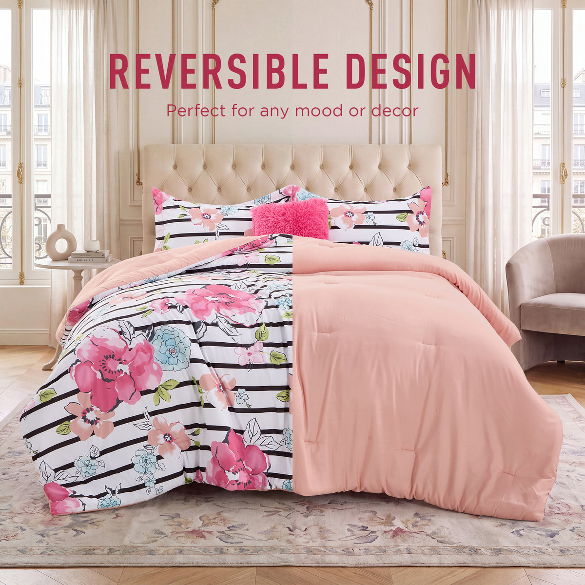 Rosalie Stripe Floral Bedding Comforter Set with Decorative Pillow