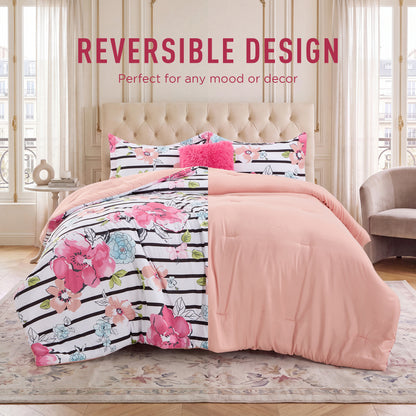 Rosalie Stripe Floral Bedding Comforter Set with Decorative Pillow