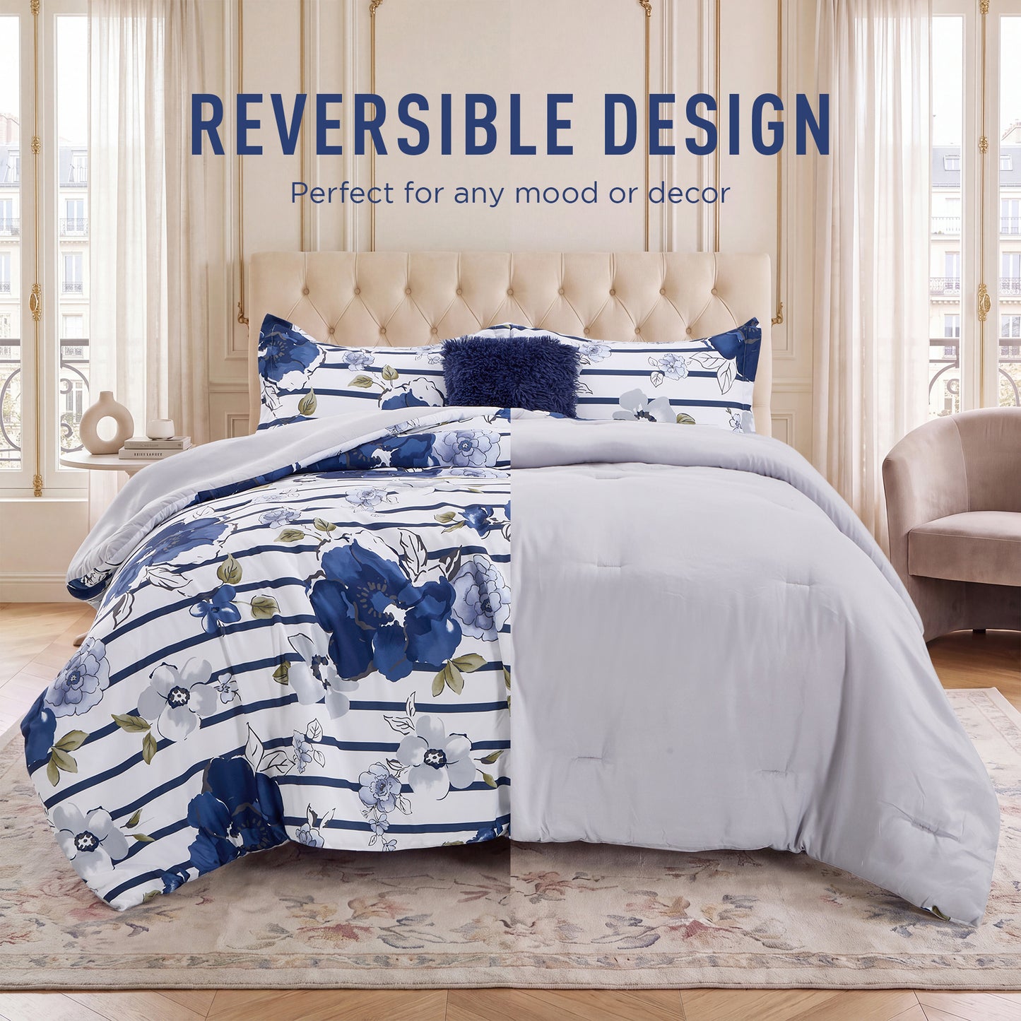 Rosalie Stripe Floral Bedding Comforter Set with Decorative Pillow