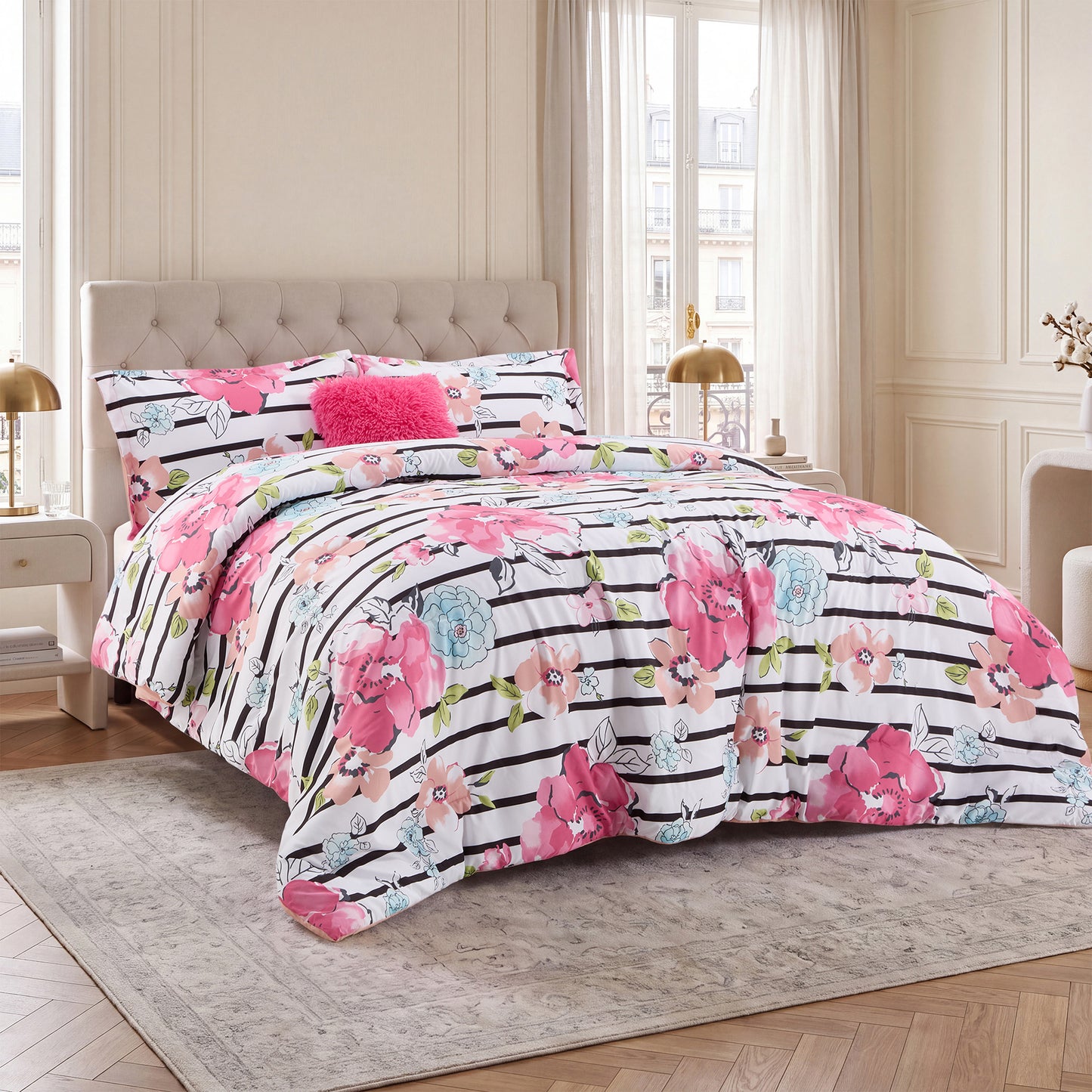 Rosalie Stripe Floral Bedding Comforter Set with Decorative Pillow