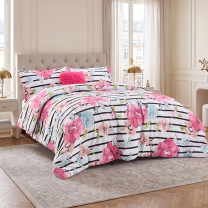 Rosalie Stripe Floral Bedding Comforter Set with Decorative Pillow