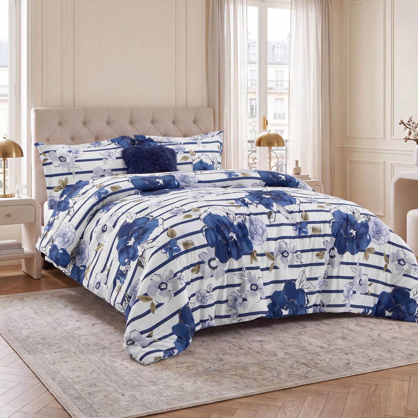 Rosalie Stripe Floral Bedding Comforter Set with Decorative Pillow