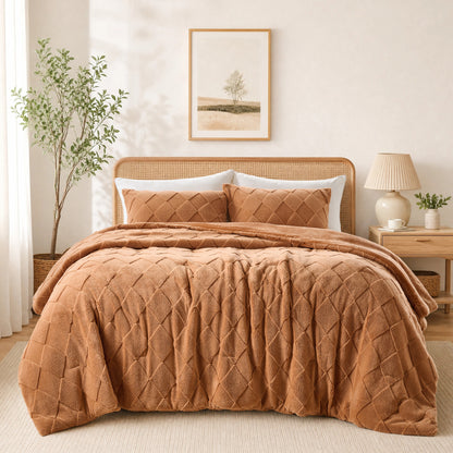 Jacquard Sherpa Diamond Comforter Set, Velvety Solid Reverse Fluffy Fleece Bedding Set with Comforter and Shams