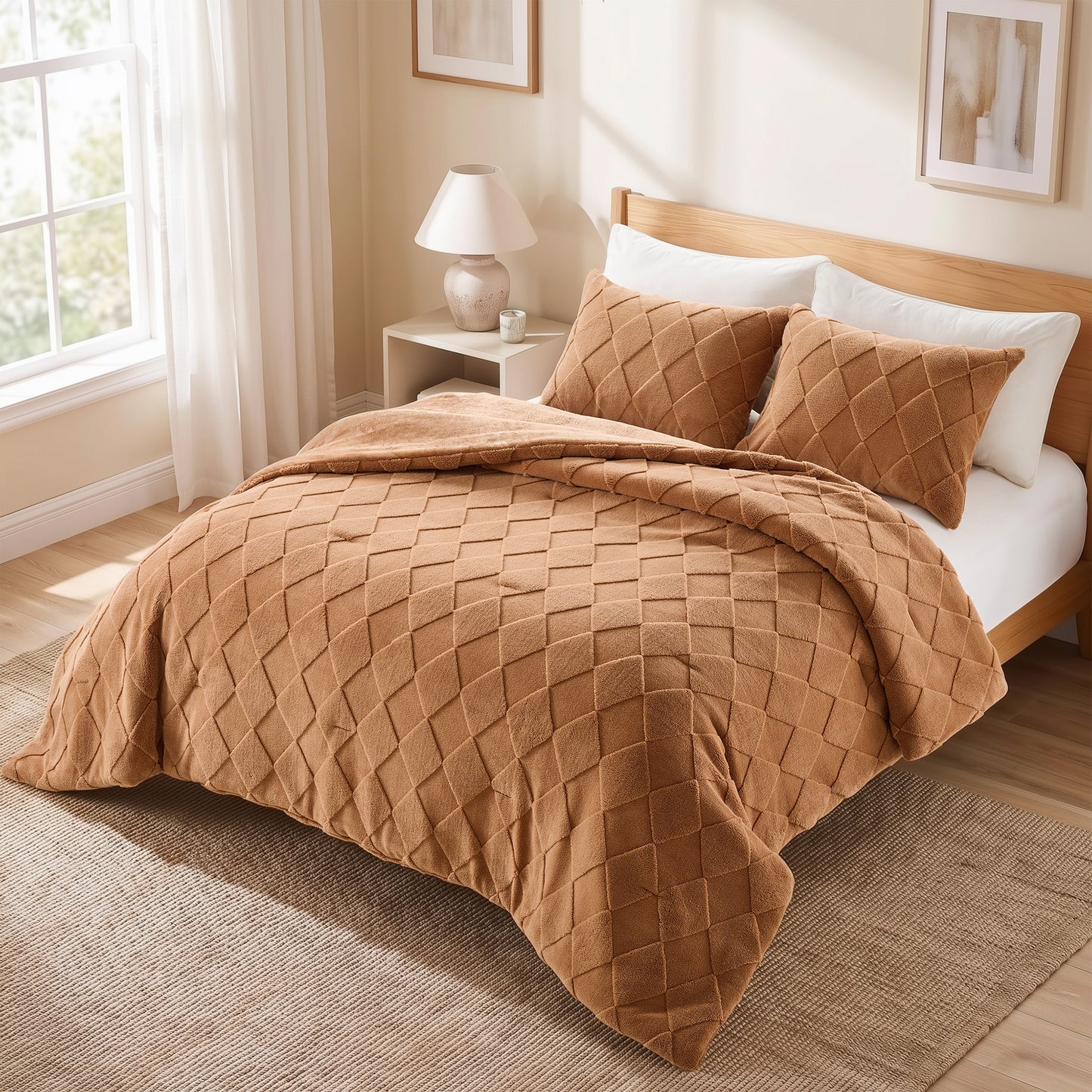 Jacquard Sherpa Diamond Comforter Set, Velvety Solid Reverse Fluffy Fleece Bedding Set with Comforter and Shams