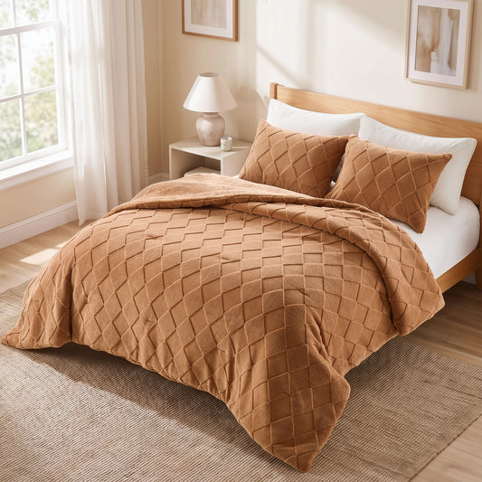 Jacquard Sherpa Diamond Comforter Set, Velvety Solid Reverse Fluffy Fleece Bedding Set with Comforter and Shams