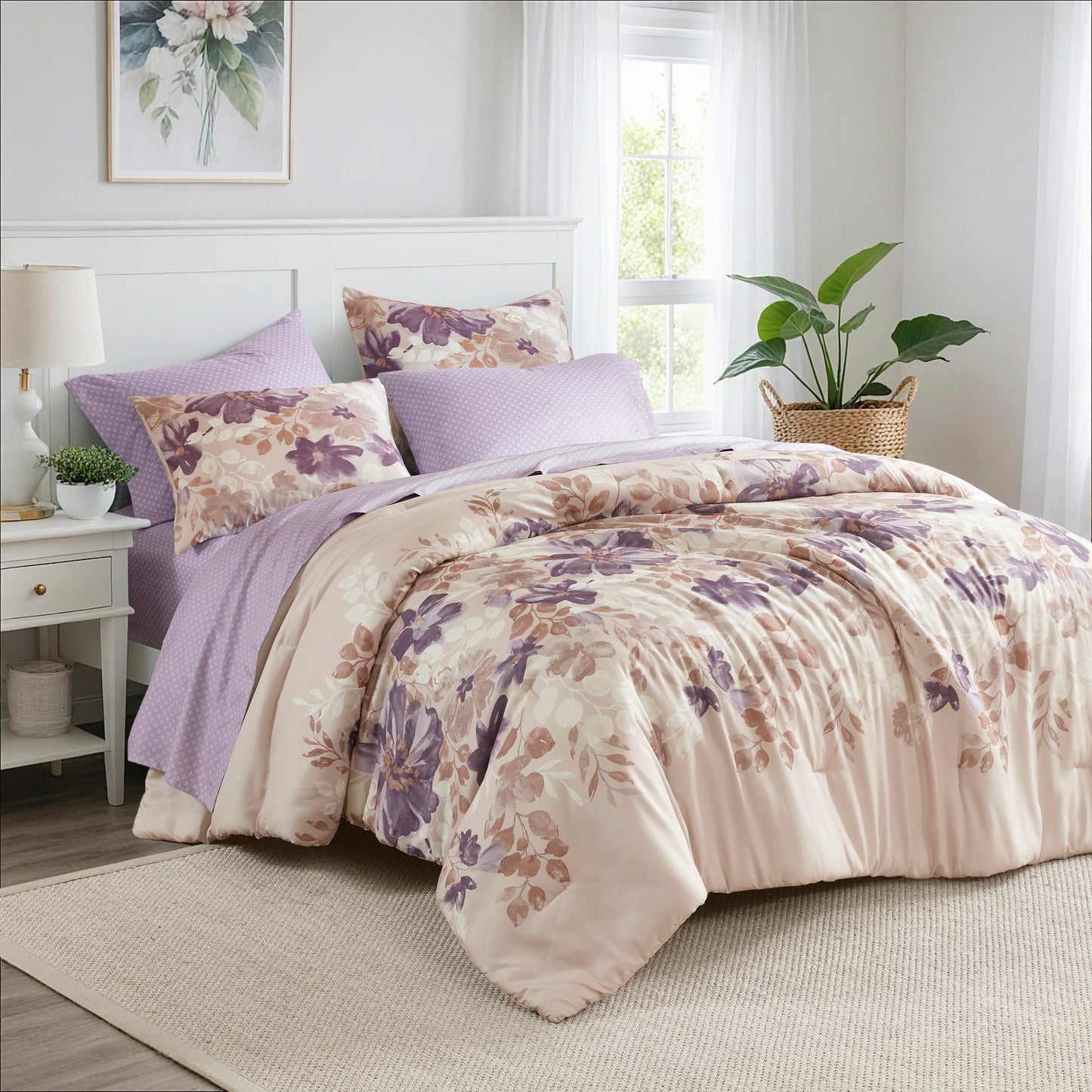 Microfiber Comforter Set, Watercolor Flora Print