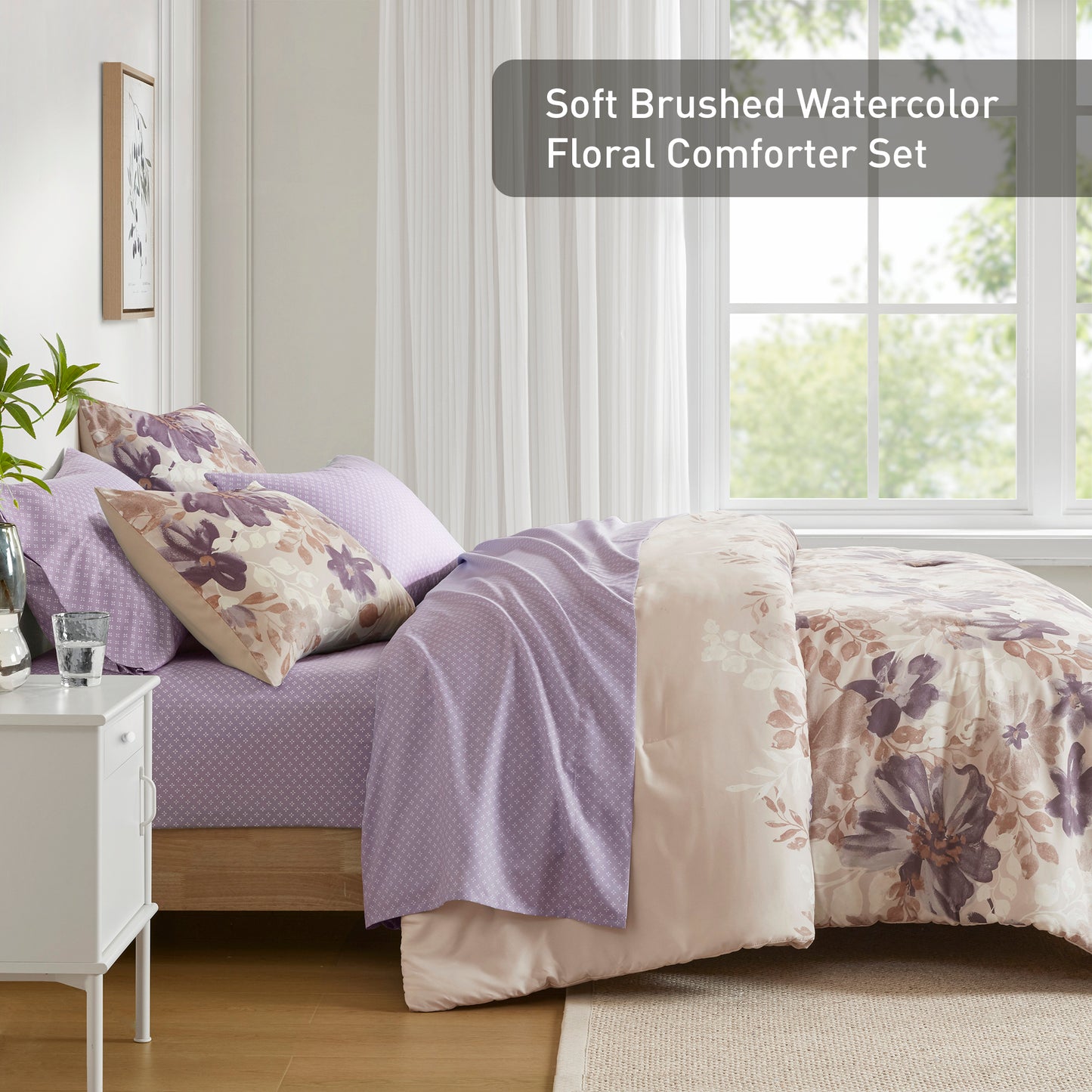 Microfiber Comforter Set, Watercolor Flora Print
