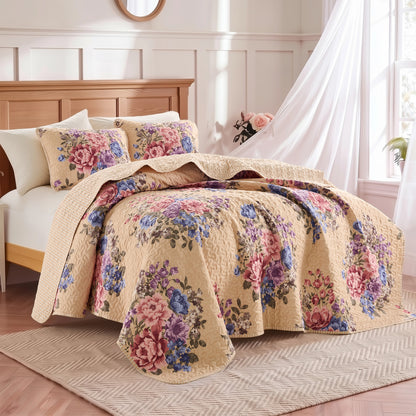 Farmhouse Quilt Set, Vintage Floral Quilt Set with Reversible Beadspread and Shams